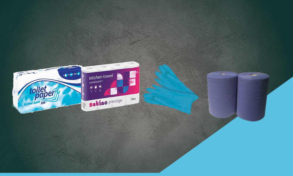 Novochem Produkte: Toilettenpapier, Küchenrolle, Handschuhe, Putzpapier blaue Rolle, blaue Küchenrolle